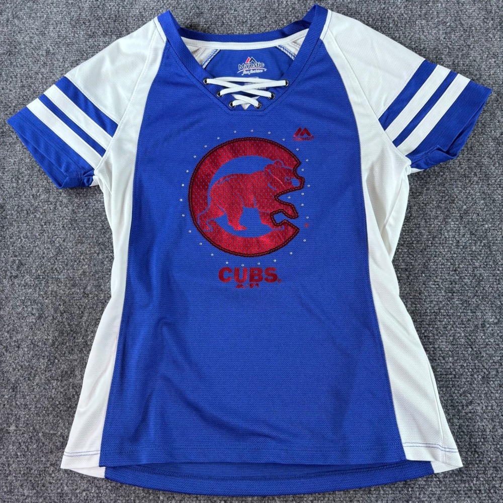 Majestic Chicago Cubs Jersey Top Womens Sm Blue White Lace Up Sequin MLB Shirt